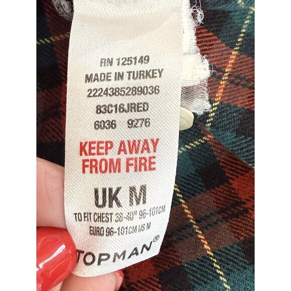 Topman Mens Flannel Plaid Button Up Shirt~Size Medium~Red Green Long Sleeve - Picture 6 of 7